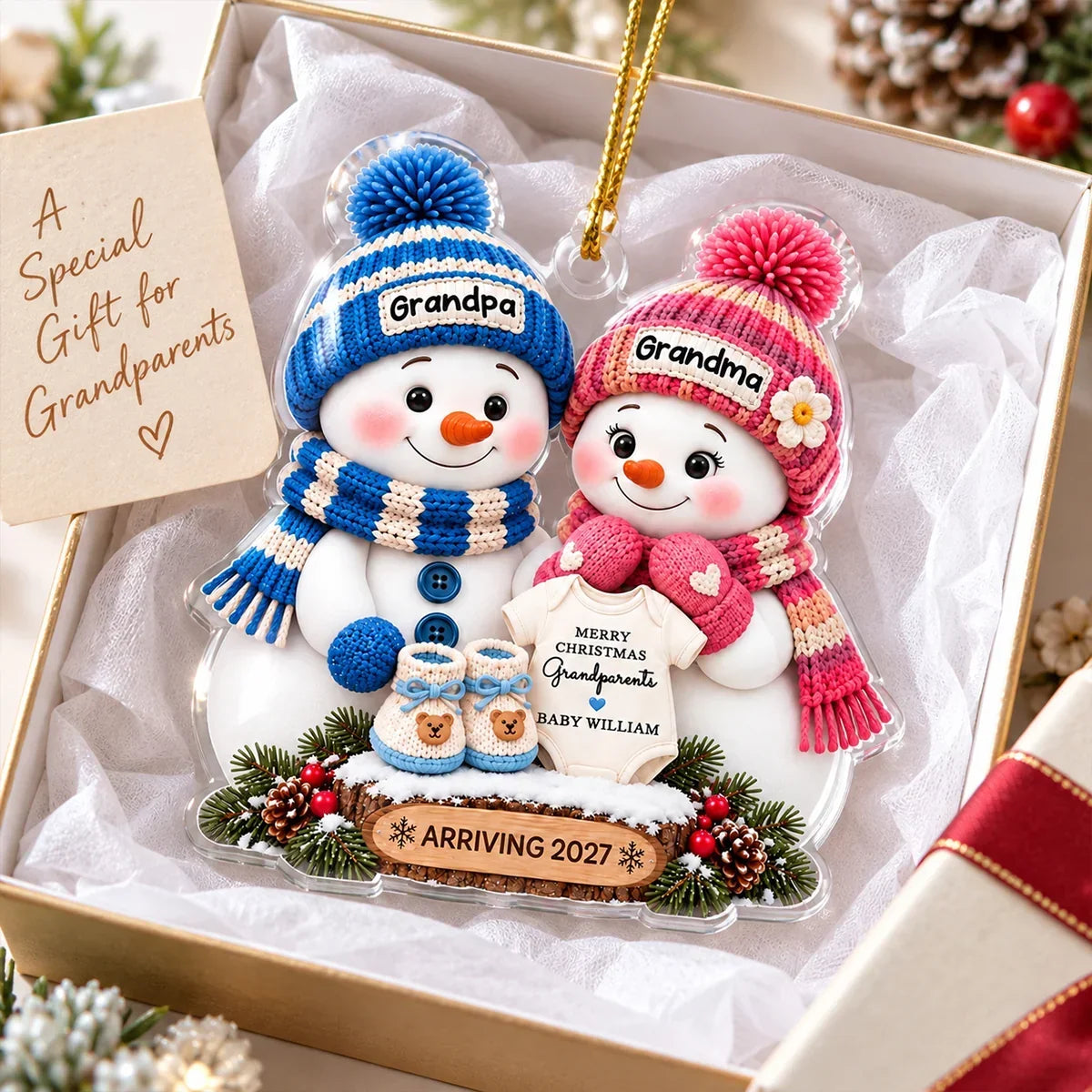 Personalized Acrylic Ornament Cute Snowman Gift for Grandma & Grandpa