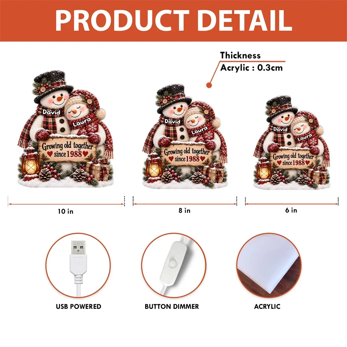 Personalized Acrylic Light Box Hugging Snowman Gift for Couple