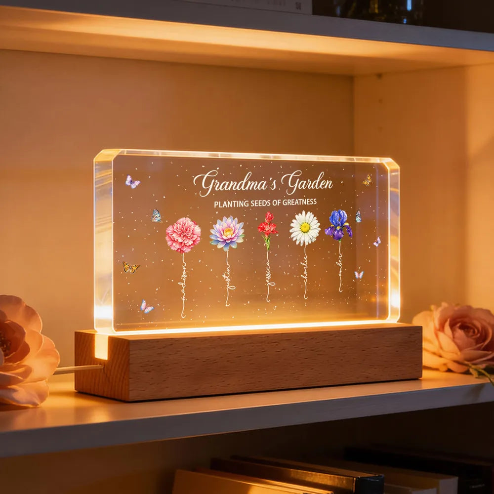 Personalized LED Acrylic Night Light for Grandma - Floral Garden Design Plaque MagicInPrints