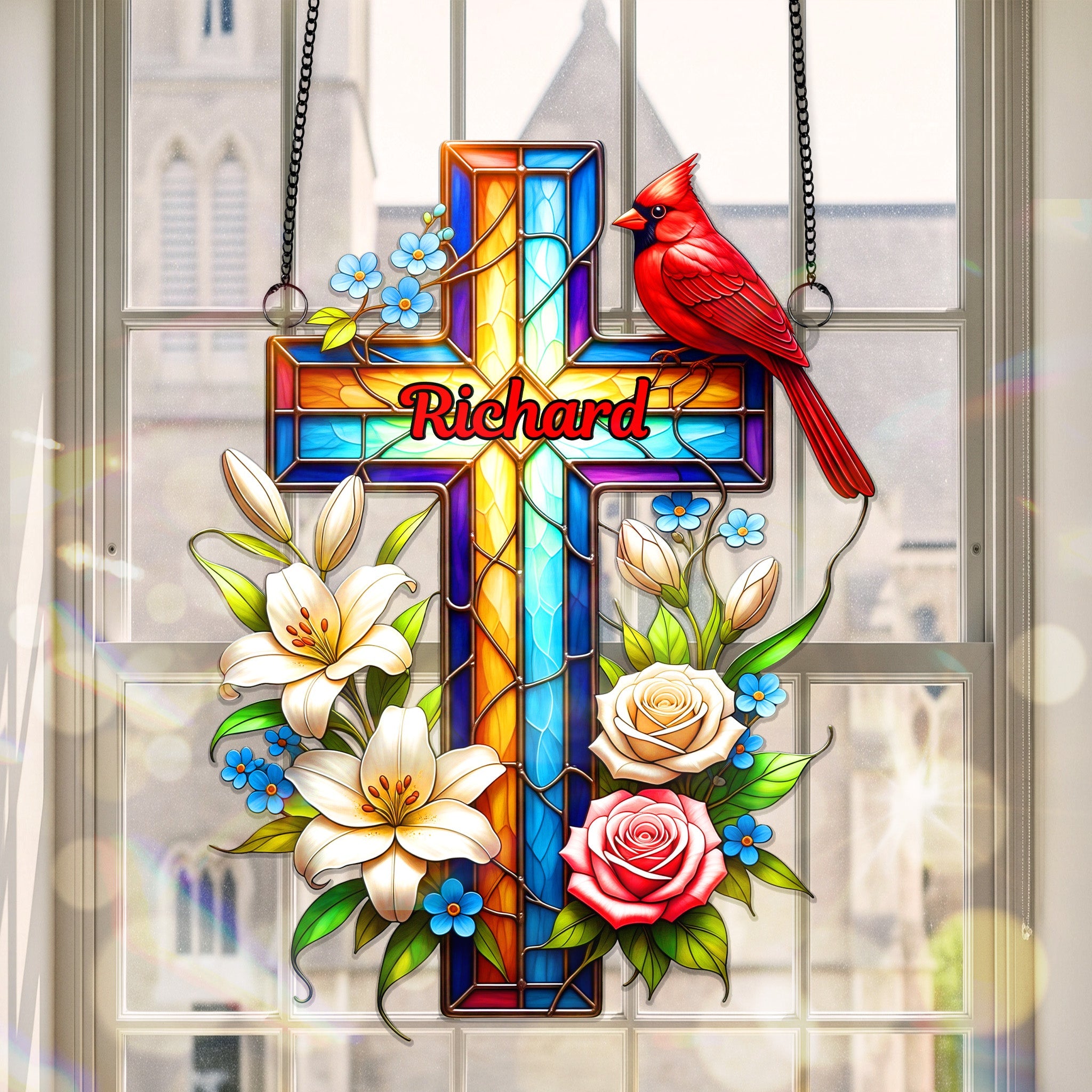 "Honor Their Memory with Love" - Cardinal Cross Memorial Suncatcher Ornament | Personalized Gift for Loved Ones Ornament MagicInPrints