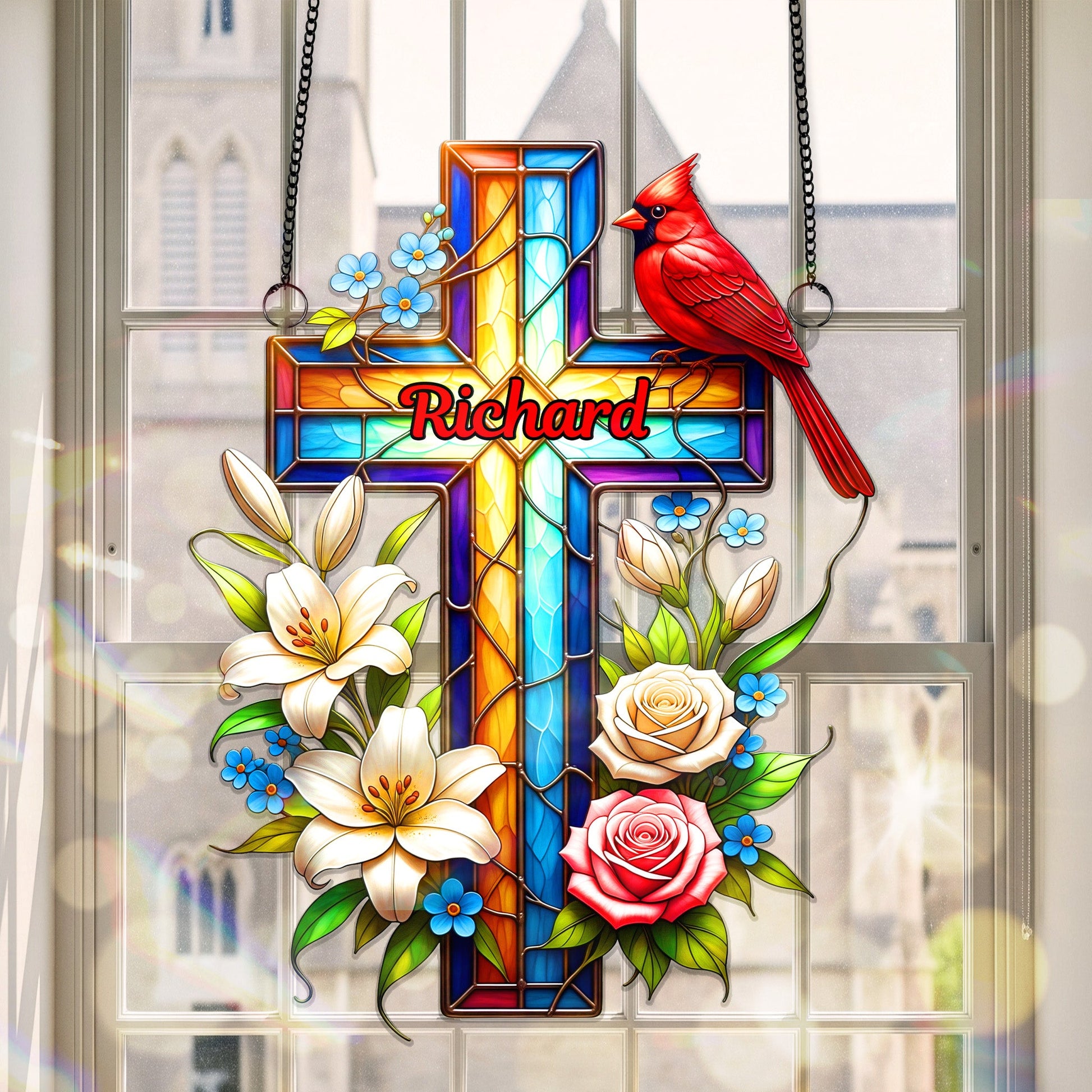 Cardinal Cross Memorial Suncatcher Ornament Personalized Gifts For Heaven Ornament MagicInPrints