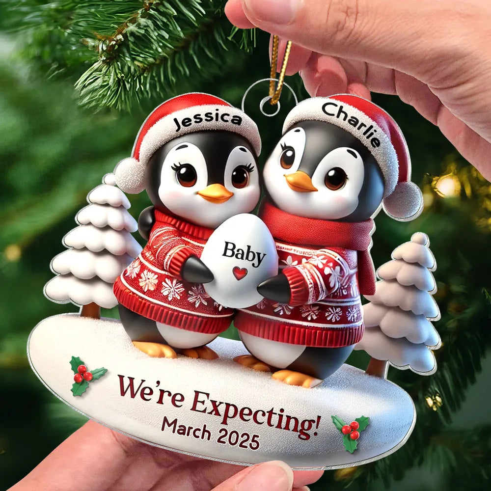 Personalized Penguin Family Christmas Ornament for Expecting Parents - Baby Announcement 2025 Ornament MagicInPrints