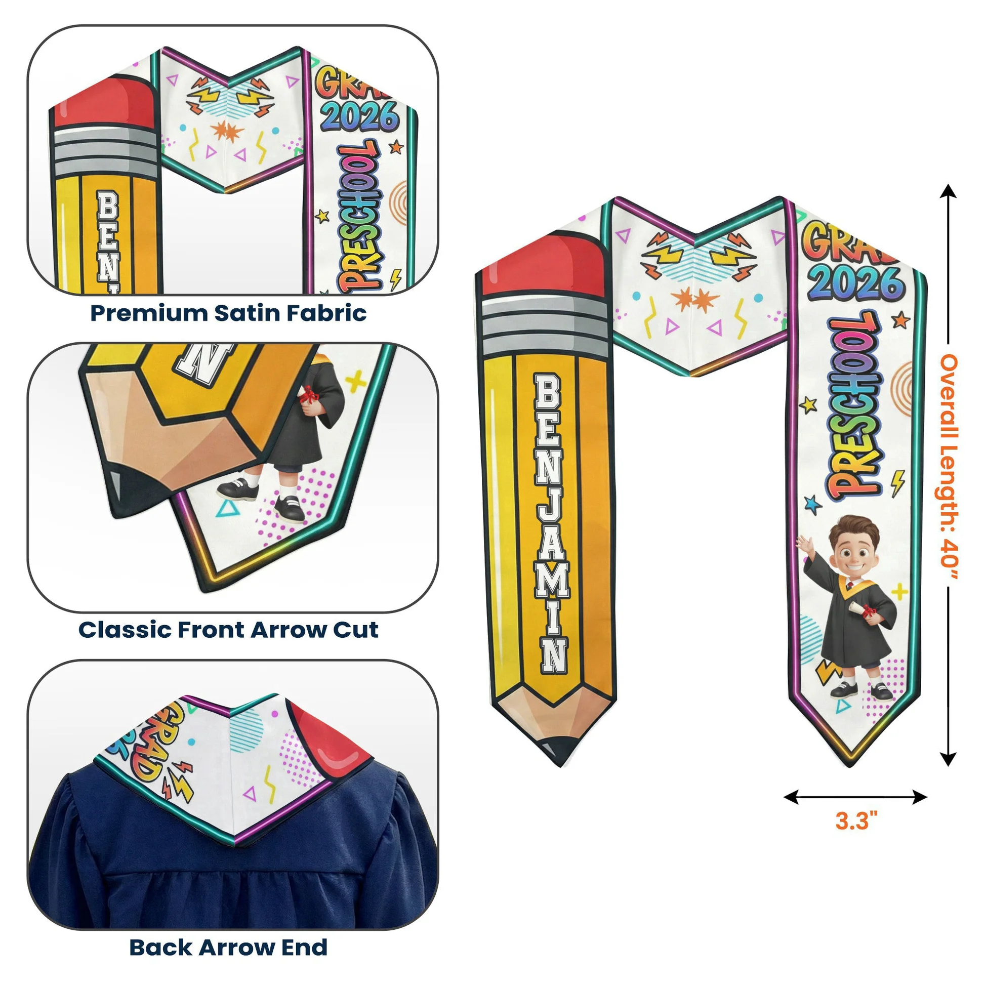 Personalized Preschool Graduation Stole for Kids - Custom Name and Year Cloth MagicInPrints