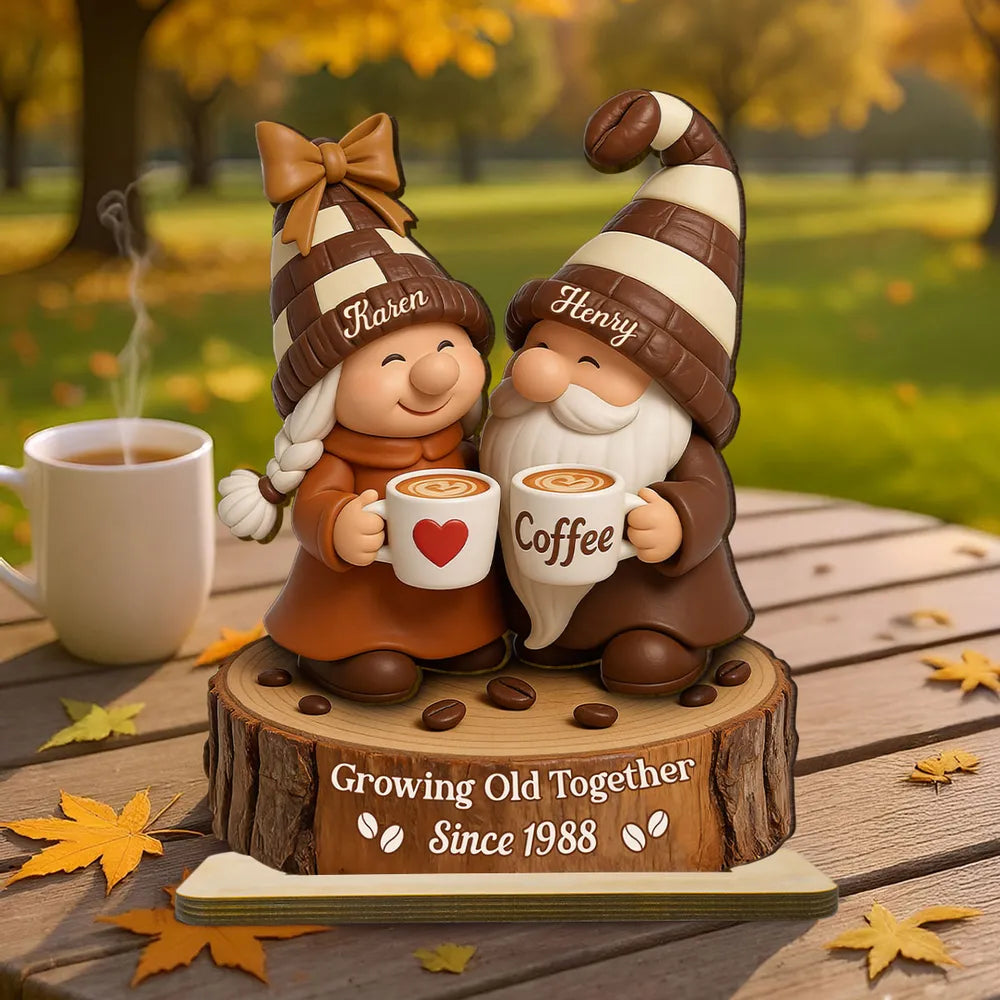 Personalized Couple Gnome Figurine for Coffee Lovers - Anniversary Gift Plaque MagicInPrints