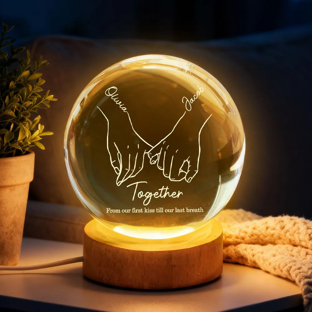 Personalized LED Crystal Ball Lamp for Couples with Hand Holding Design - Romantic Gift Lamp MagicInPrints
