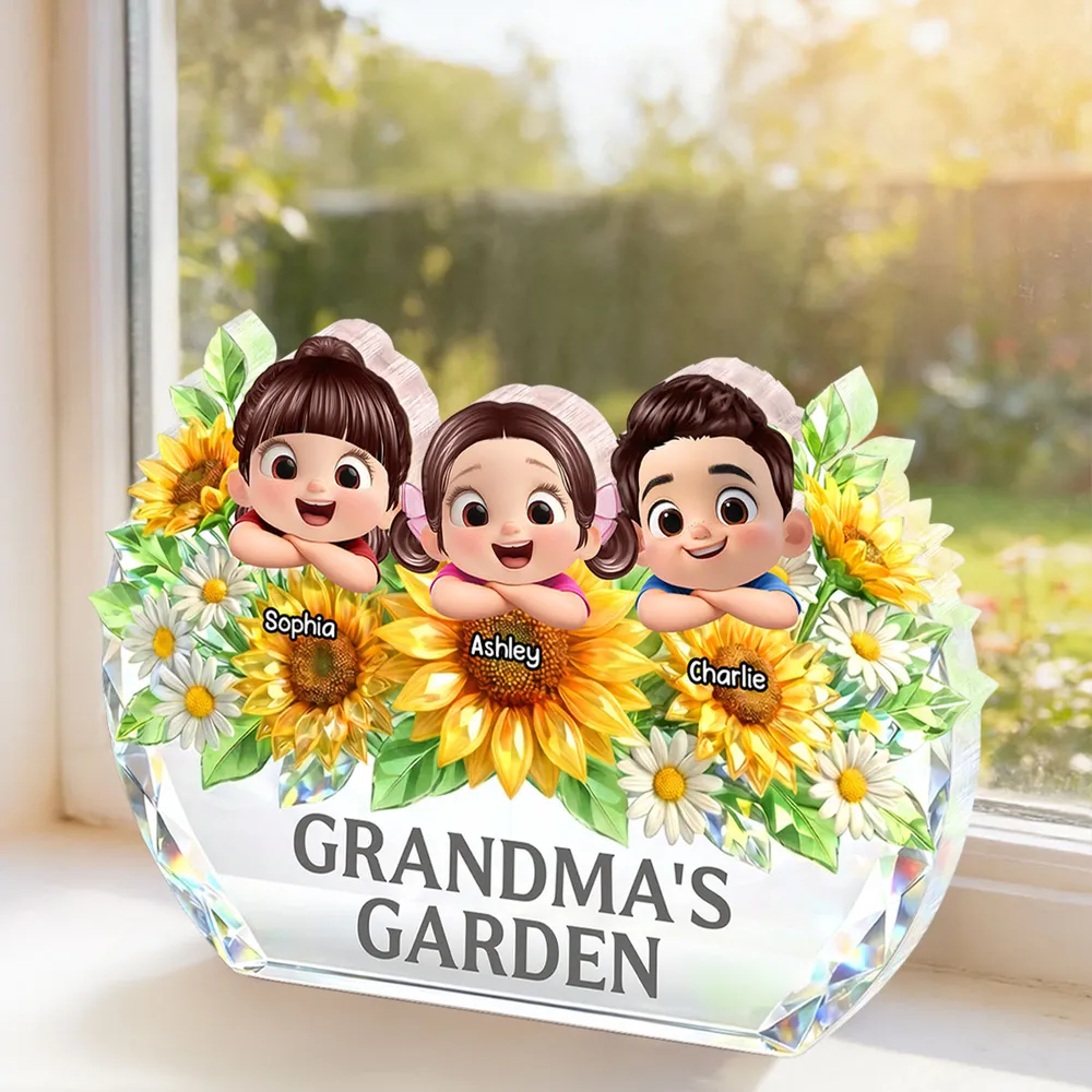 Personalized Crystal Keepsake for Grandma - Custom Cartoon Kids with Sunflowers Plaque MagicInPrints