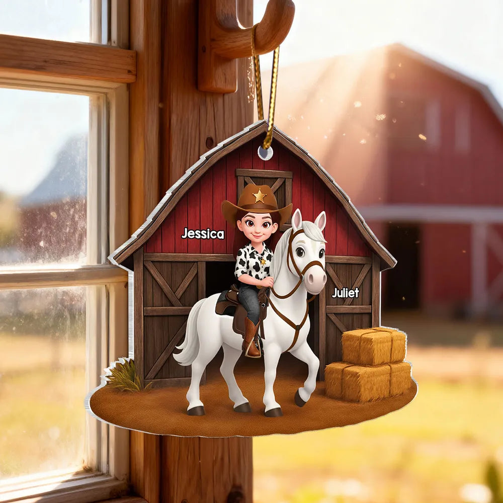 Personalized Horse Riding Ornament for Kids - Custom Name Barn Scene Ornament MagicInPrints