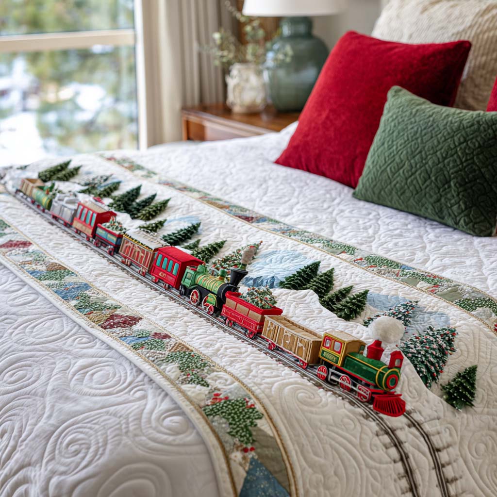 Bring Joy Home – Personalized Holiday Train Quilted Bed Runner – Gift for Family Quilted Bed Runner MagicInPrints