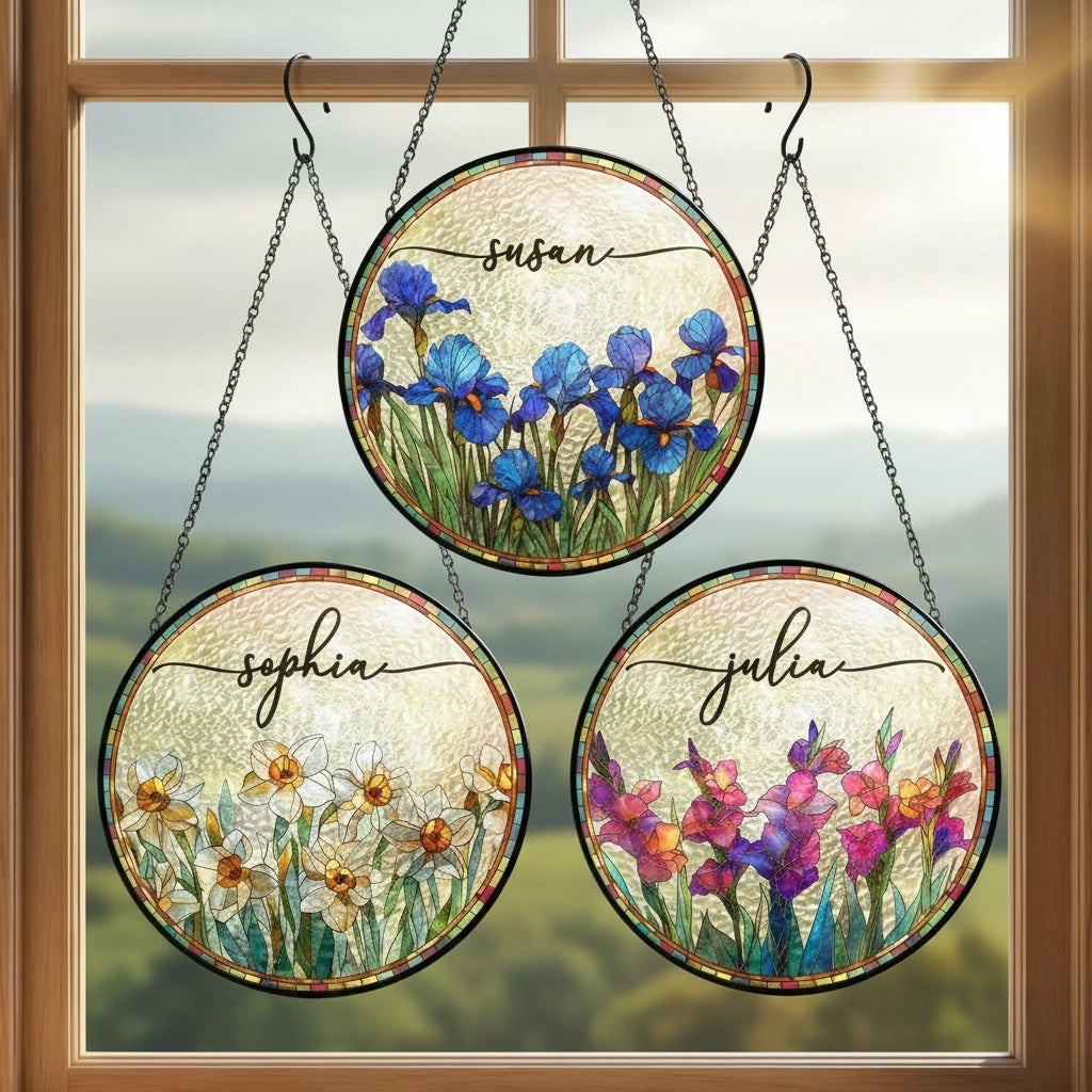Personalized Stained Glass Window Hanging for Home Decor - Custom Name Floral Art Ornament MagicInPrints