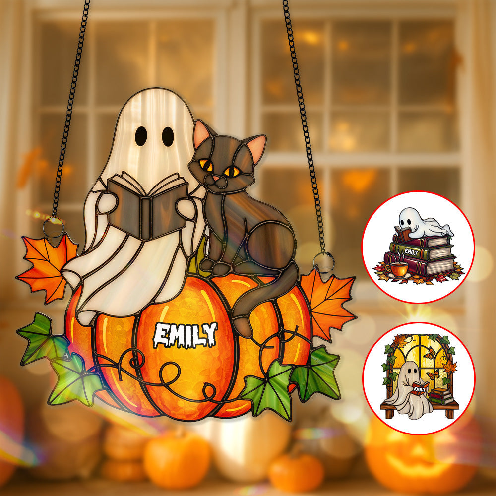 “Books & Ghosts: A Spooky Delight” - Spooky Ghost Suncatcher Ornament, Personalized Gift for Book Lovers Ornament MagicInPrints