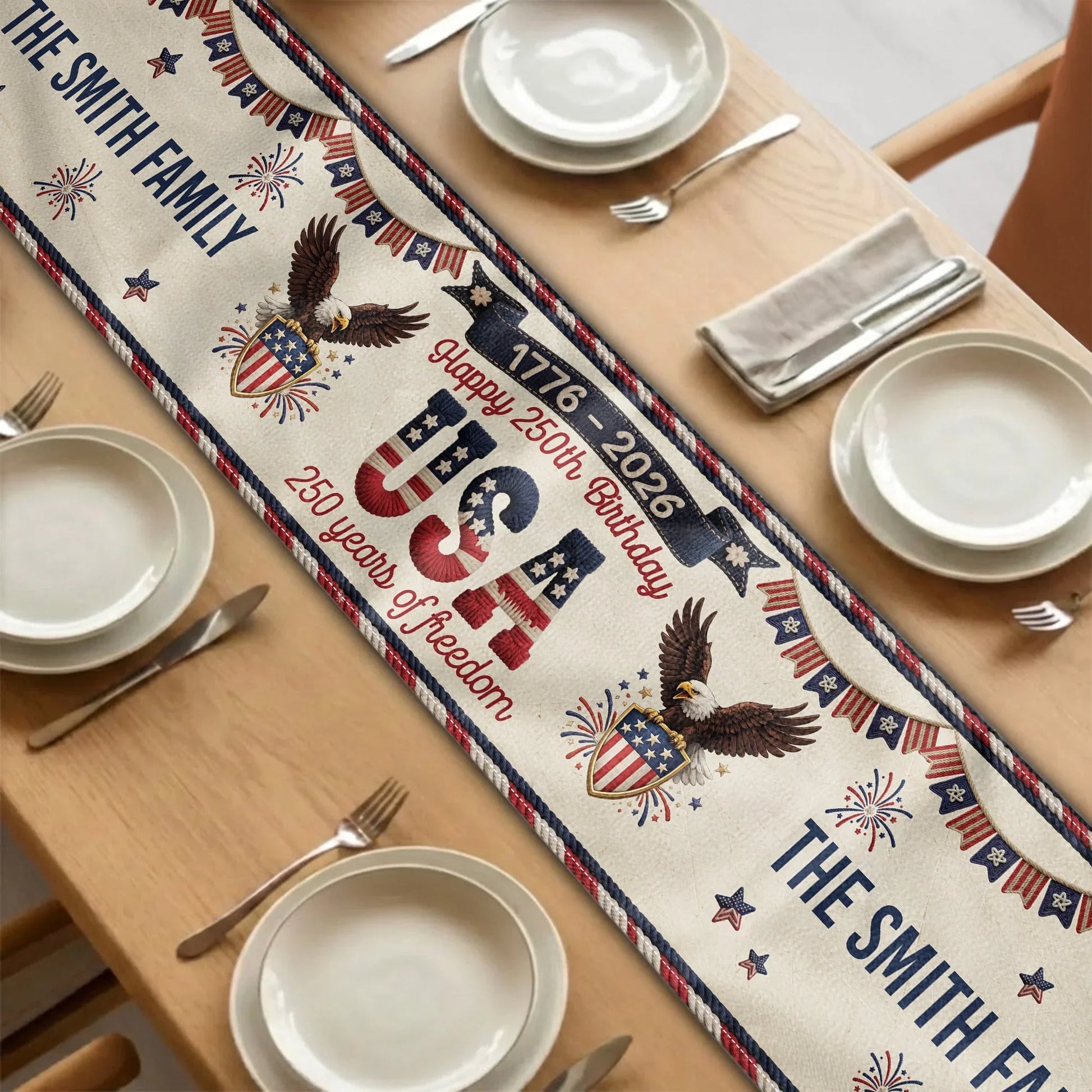 Personalized Patriotic Table Runner for Families - USA 250th Birthday Celebration Kitchen Supplies MagicInPrints