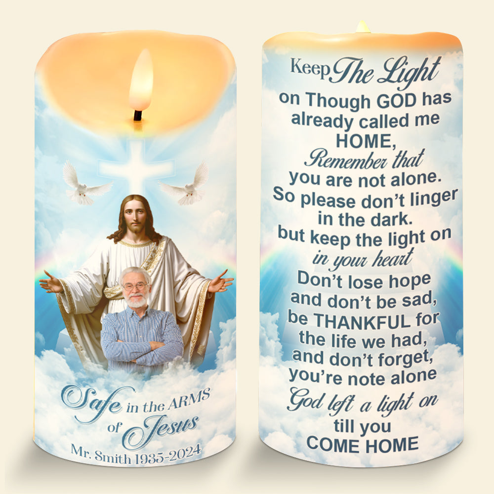Personalized Safe In The Arms Of Jesus Candle - Custom Photo Memorial Gift Led Candle PopCulturePrints