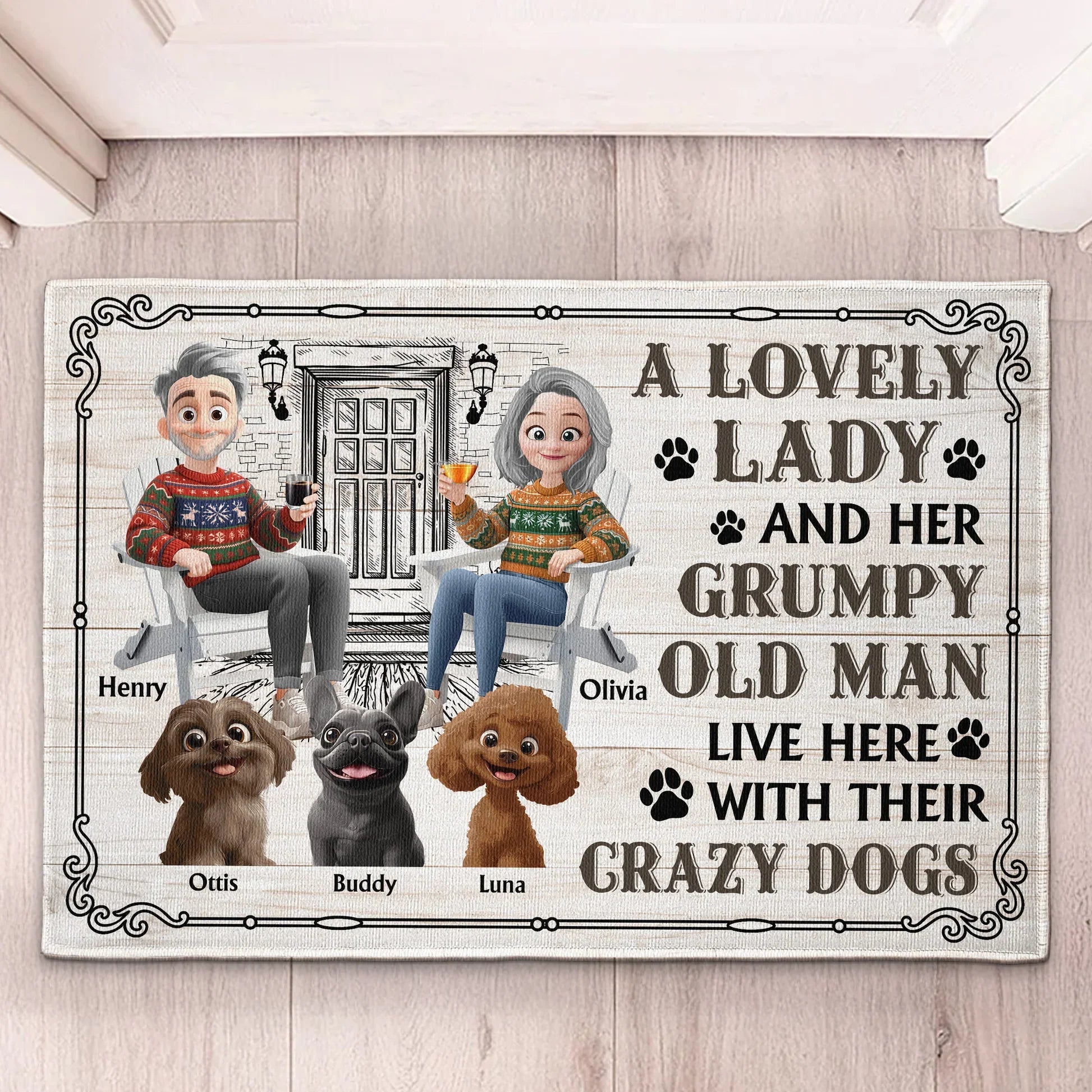 Personalized Funny Doormat for Dog Lovers - A Lovely Lady and Her Grumpy Old Man Live Here Doormat MagicInPrints