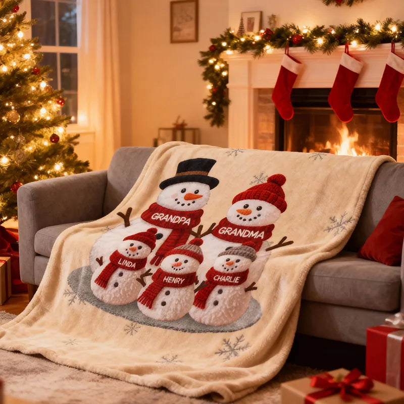 Personalized Family Christmas Blanket Snowman Design for Grandparents - Holiday Decor Pillow or Blanket MagicInPrints