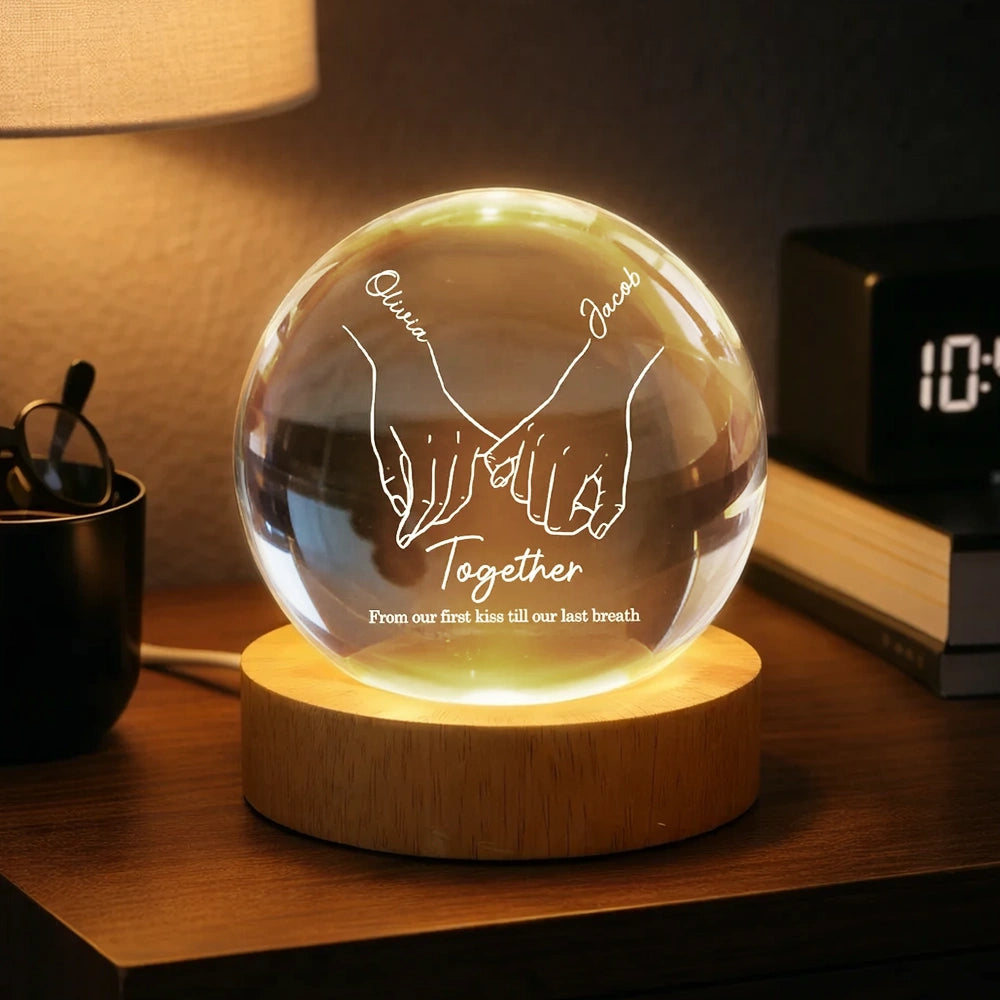 Personalized LED Crystal Ball Lamp for Couples with Hand Holding Design - Romantic Gift Lamp MagicInPrints