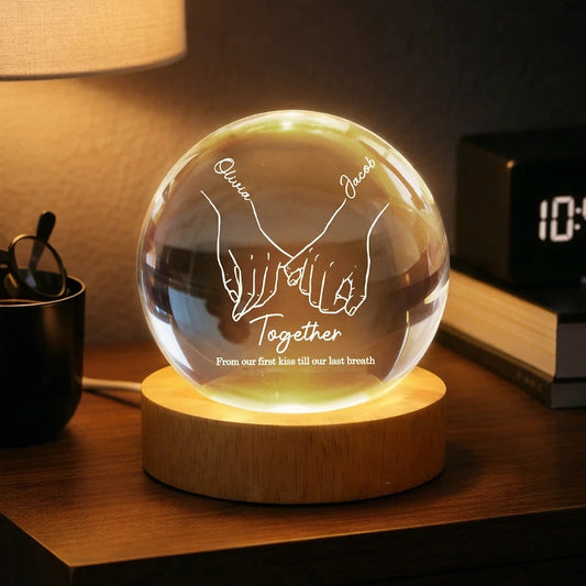 Personalized LED Crystal Ball Lamp for Couples with Hand Holding Design - Romantic Gift Lamp MagicInPrints