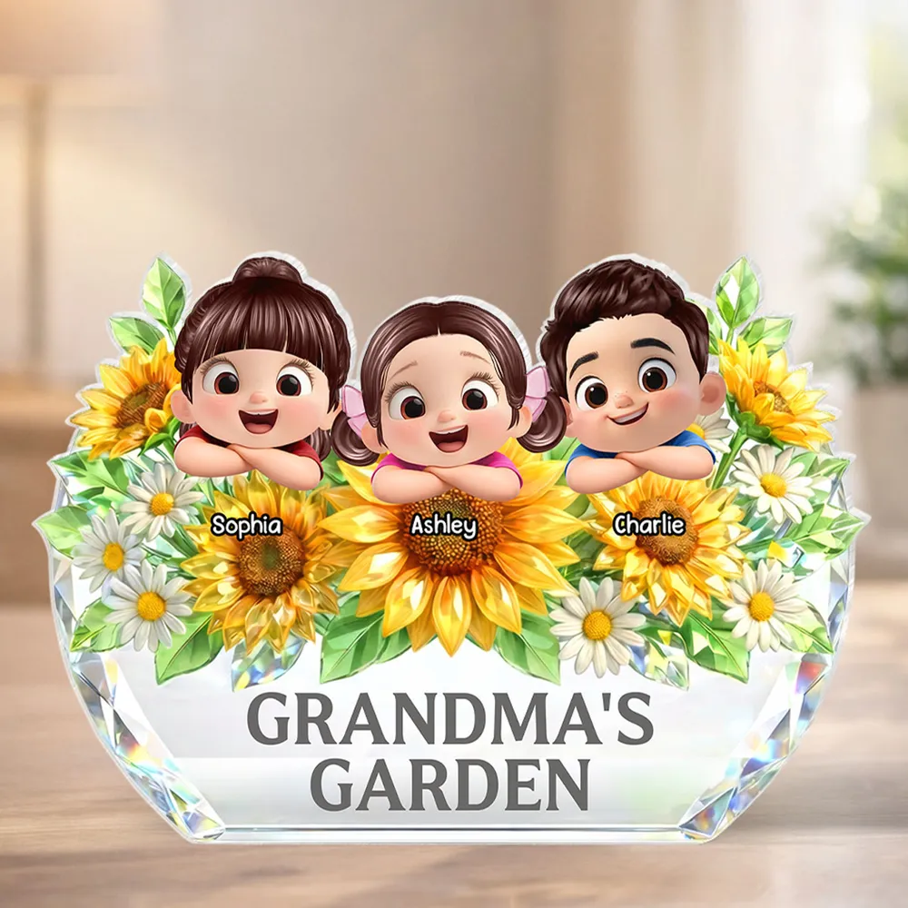 Personalized Crystal Keepsake for Grandma - Custom Cartoon Kids with Sunflowers Plaque MagicInPrints