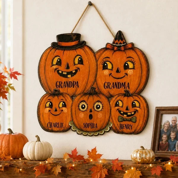 Personalized Wooden Pumpkin Family Sign for Halloween Gift