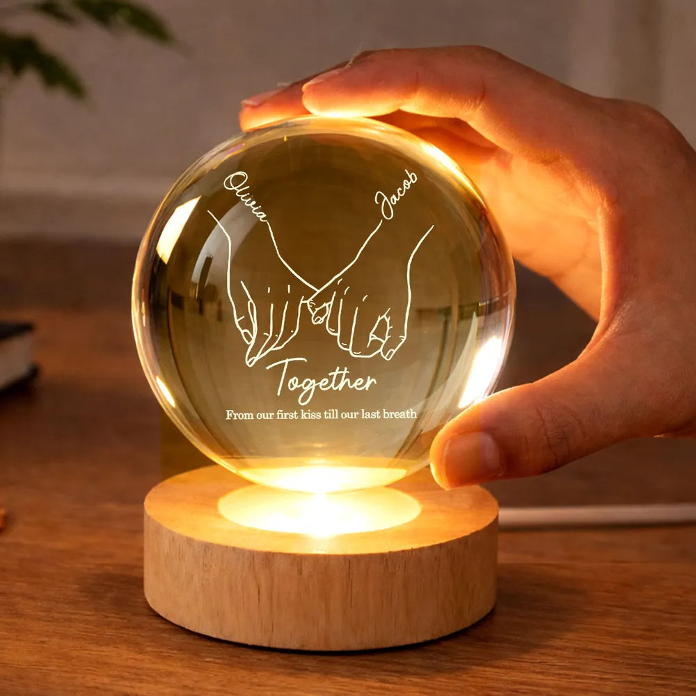 Personalized LED Crystal Ball Lamp for Couples with Hand Holding Design - Romantic Gift Lamp MagicInPrints