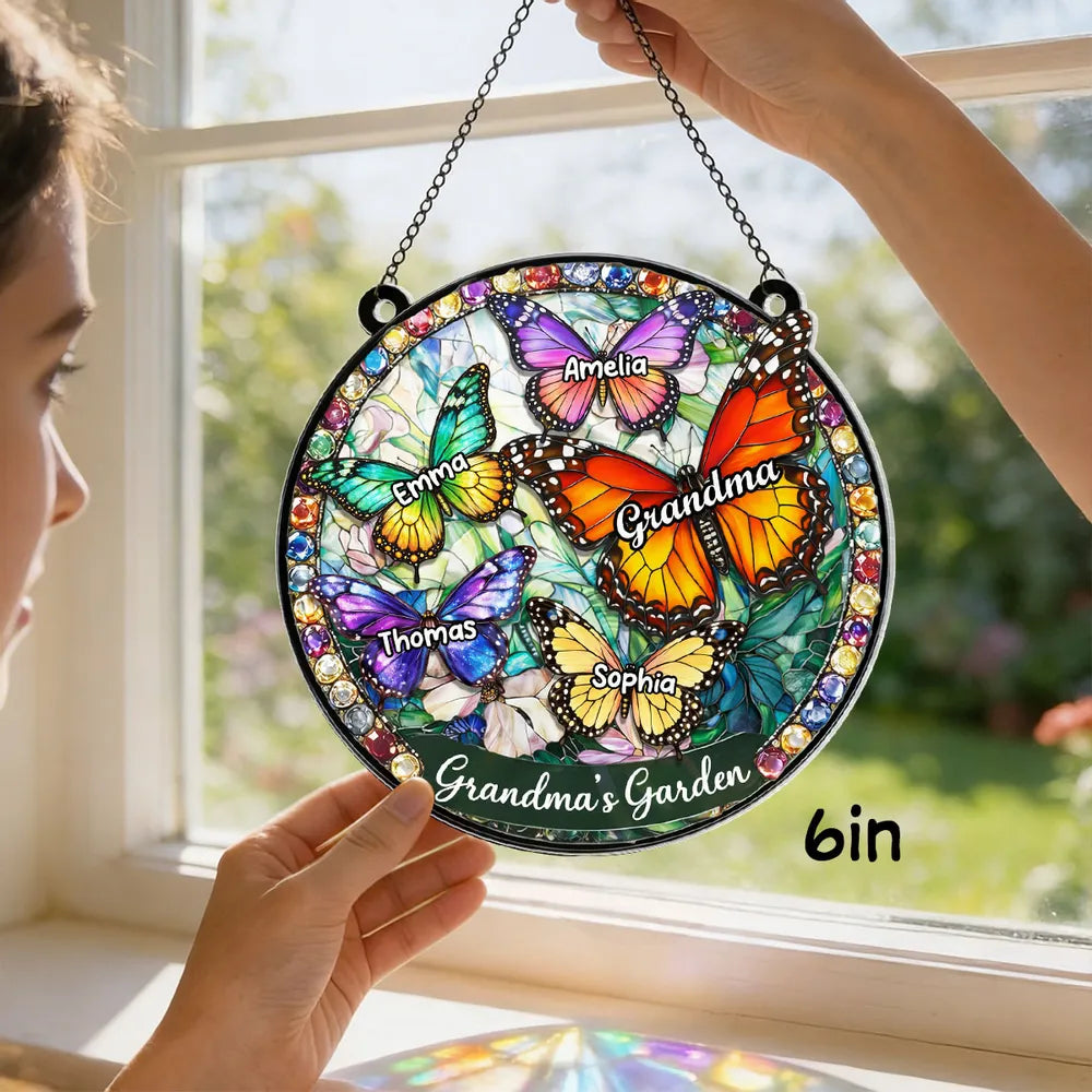 Personalized Stained Glass Suncatcher for Grandma - Butterfly Design for Mother's Day Ornament MagicInPrints