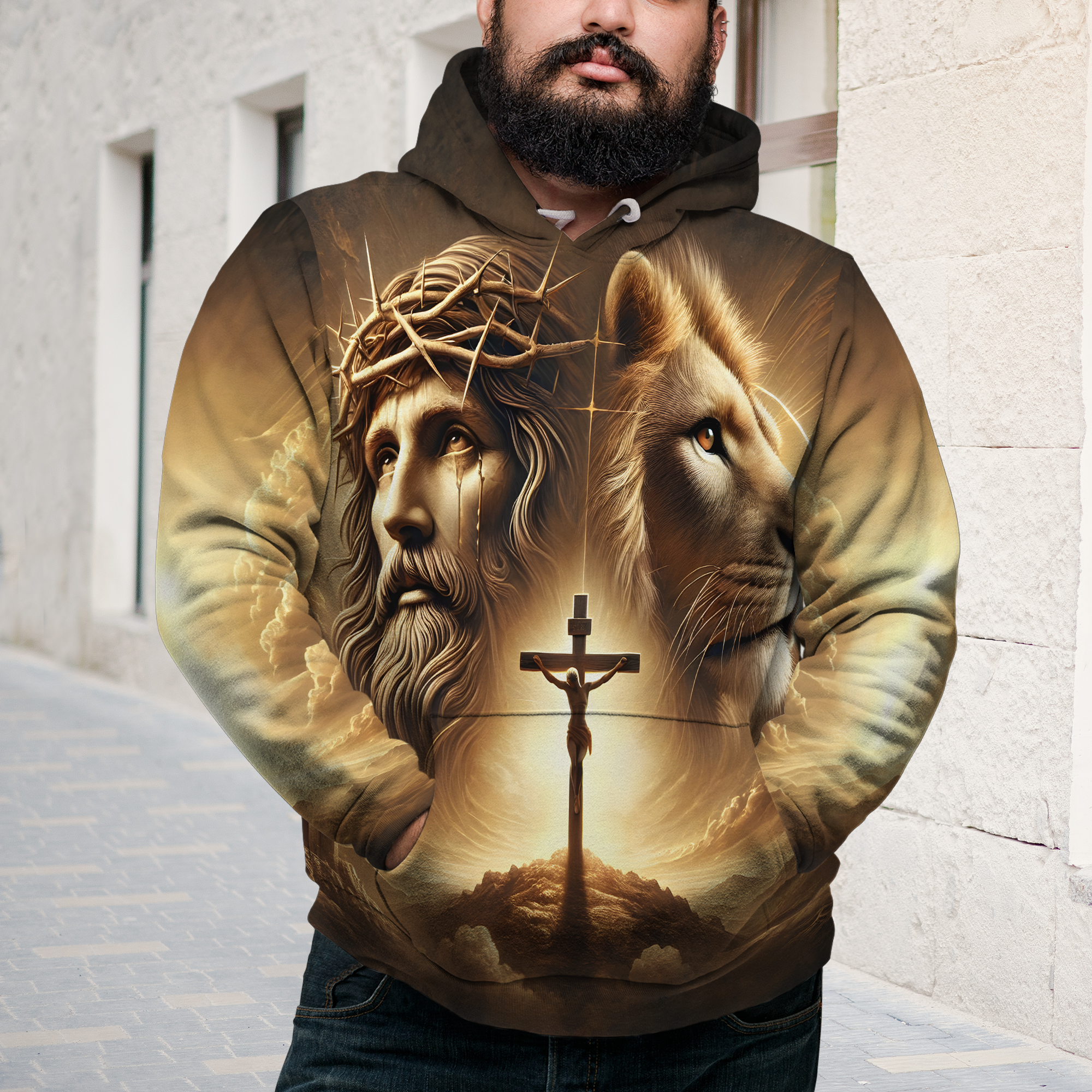 Personalized Jesus and Lion Hoodie - Meaningful Christian Gift AOP Products PopCulturePrints