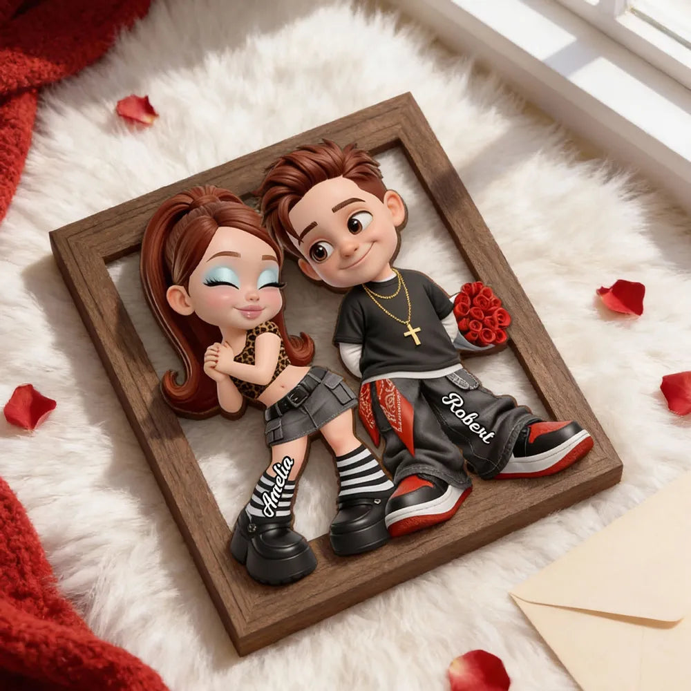 Custom Cartoon Couple Wooden Frame for Romantic Gift - Personalized Names Plaque MagicInPrints
