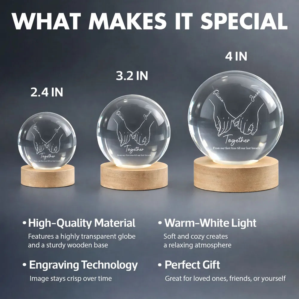 Personalized LED Crystal Ball Lamp for Couples with Hand Holding Design - Romantic Gift Lamp MagicInPrints