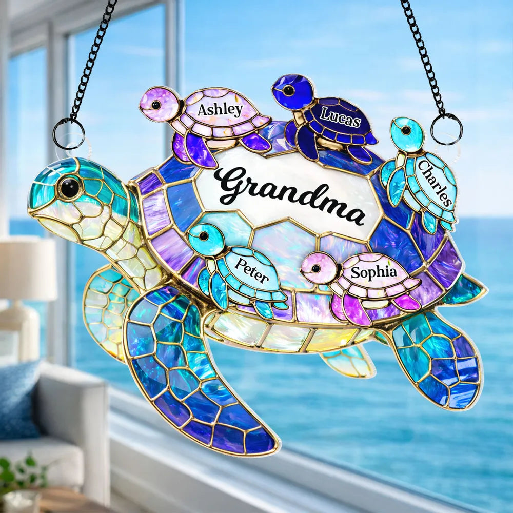Personalized Stained Glass Turtle Sun Catcher for Grandma - Family Gift Ornament MagicInPrints