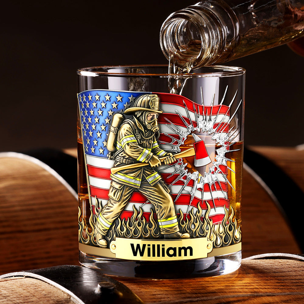 Courage in Every Sip – Personalized Patriotic Firefighter Drinking Glass – Ideal Gift for Firefighters, Veterans, and First Responders Whiskey Glass PopCulturePrints