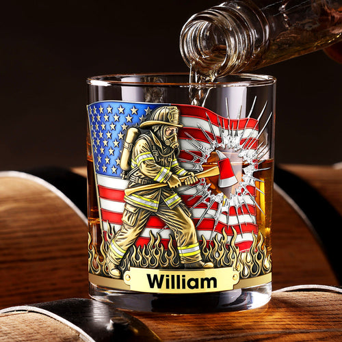 Courage in Every Sip – Personalized Patriotic Firefighter Drinking Glass – Ideal Gift for Firefighters, Veterans, and First Responders Whiskey Glass PopCulturePrints