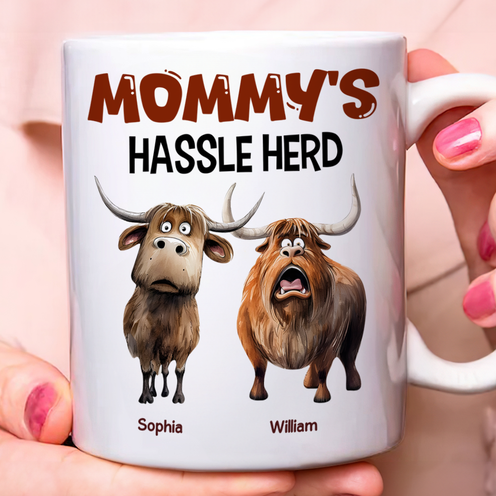 Personalized Mama's Hassle Herd Coffee Mug - Funny Highland Cow Gift Coffee Mug PopCulturePrints