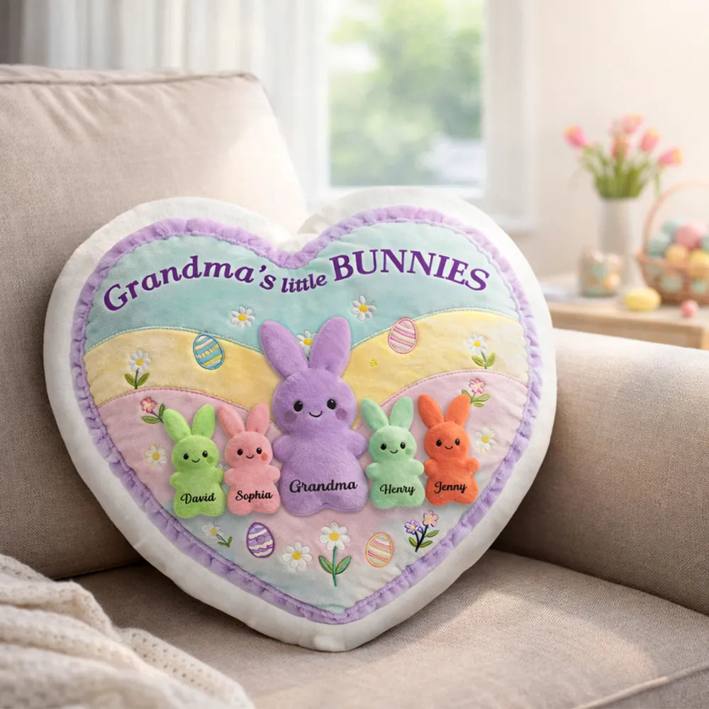 Personalized Heart-Shaped Pillow for Grandma with Bunny Design - Easter Gift Pillow MagicInPrints