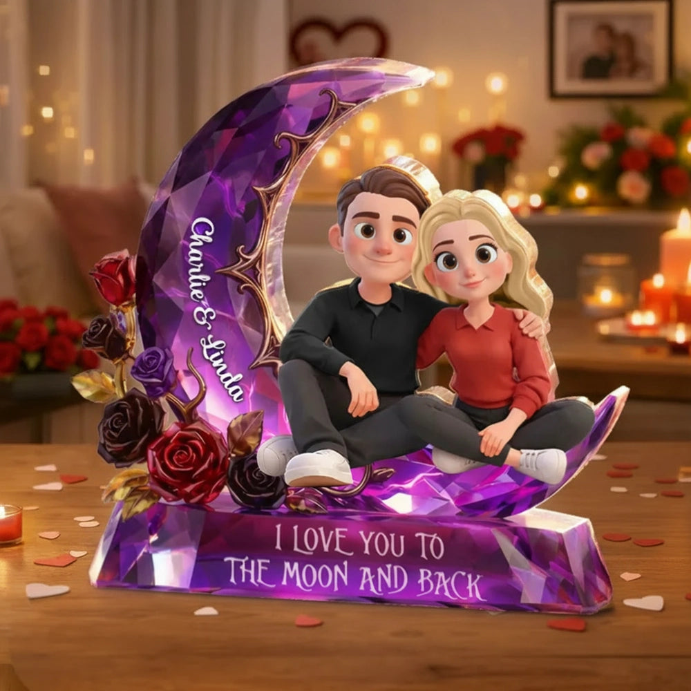 Personalized Romantic Couple Figurine with Moon and Roses - Anniversary Gift Plaque MagicInPrints