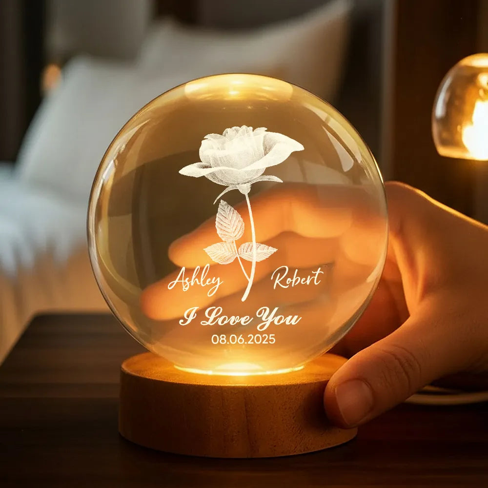 Personalized LED Crystal Ball Lamp for Couples with Rose Design - Anniversary Gift Lamp MagicInPrints