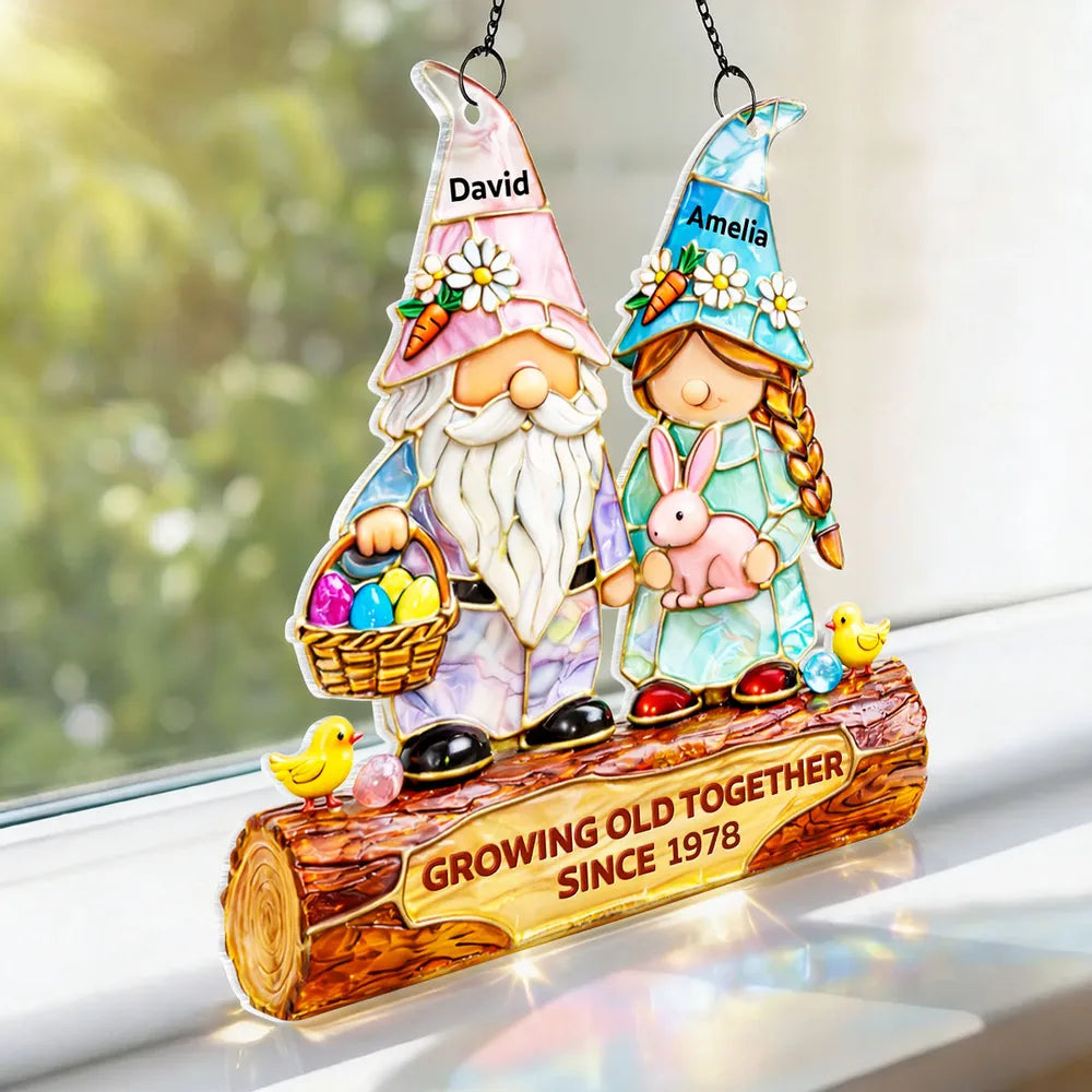 Personalized Gnome Couple Stained Glass Ornament for Couples - Anniversary Gift Ornament MagicInPrints
