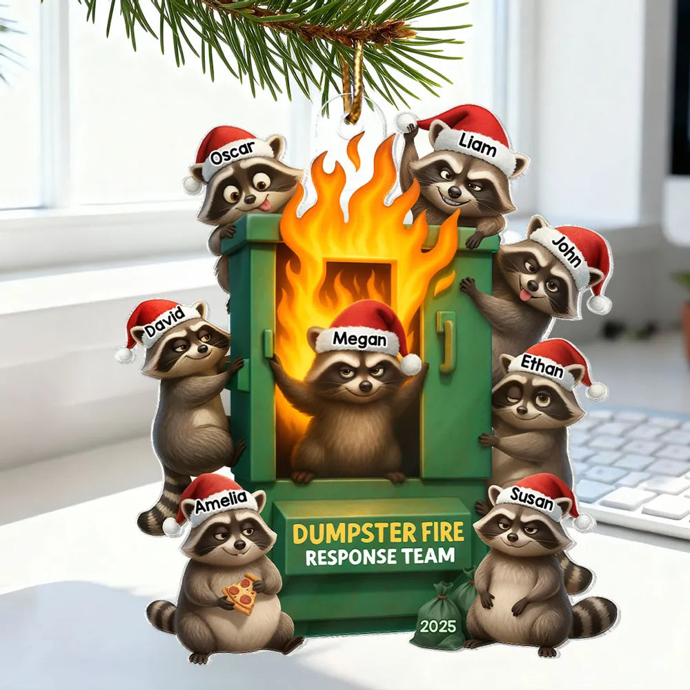 Personalized Raccoon Dumpster Fire Ornament for Family Humor - Christmas 2025 Ornament MagicInPrints