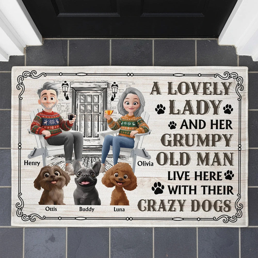 Personalized Funny Doormat for Dog Lovers - A Lovely Lady and Her Grumpy Old Man Live Here Doormat MagicInPrints