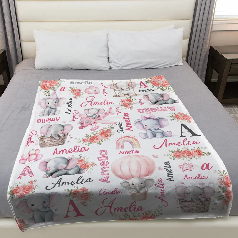 Personalized Baby Blanket for Girls - Cute Elephant Design with Name - Nursery Decor Blanket MagicInPrints