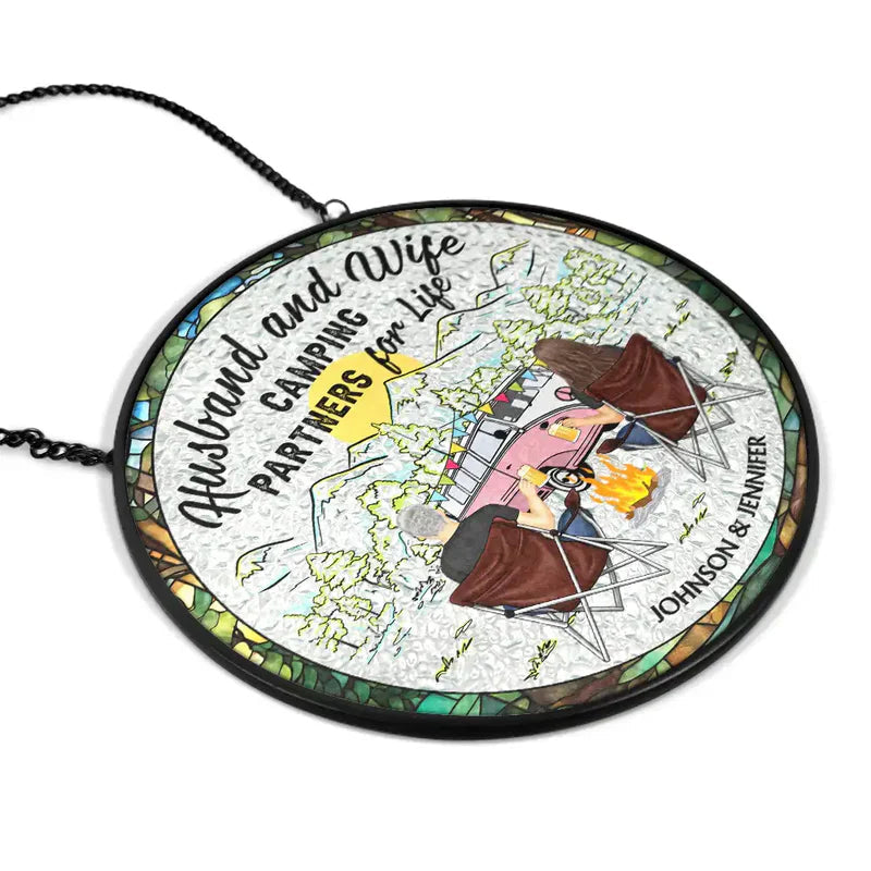 Personalized Stained Glass Camper Ornament for Couples - Camping Decor Ornament MagicInPrints