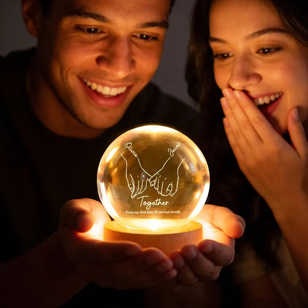 Personalized LED Crystal Ball Lamp for Couples with Hand Holding Design - Romantic Gift Lamp MagicInPrints