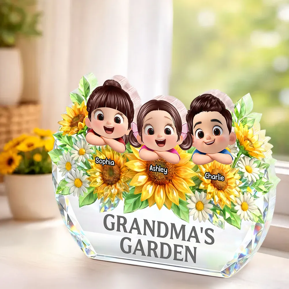 Personalized Crystal Keepsake for Grandma - Custom Cartoon Kids with Sunflowers Plaque MagicInPrints