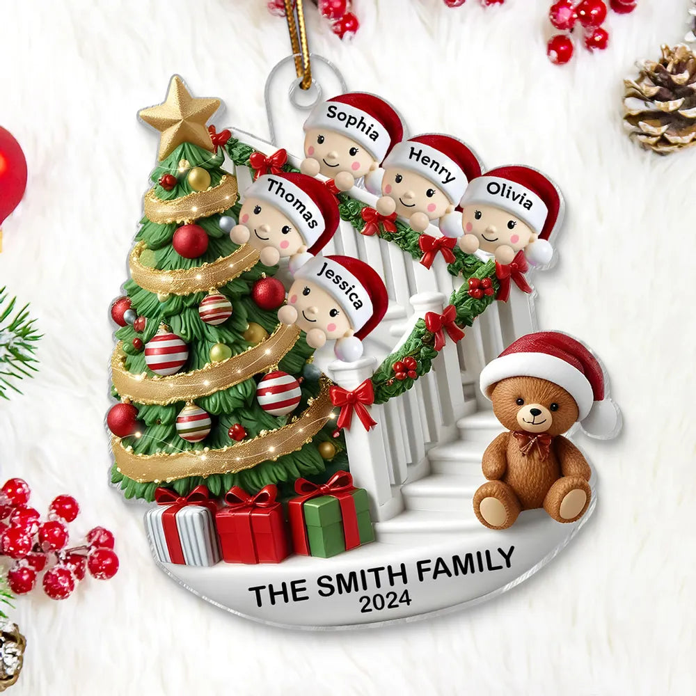 Personalized Family Christmas Ornament - Custom Names on Staircase with Tree and Teddy Bear Ornament MagicInPrints