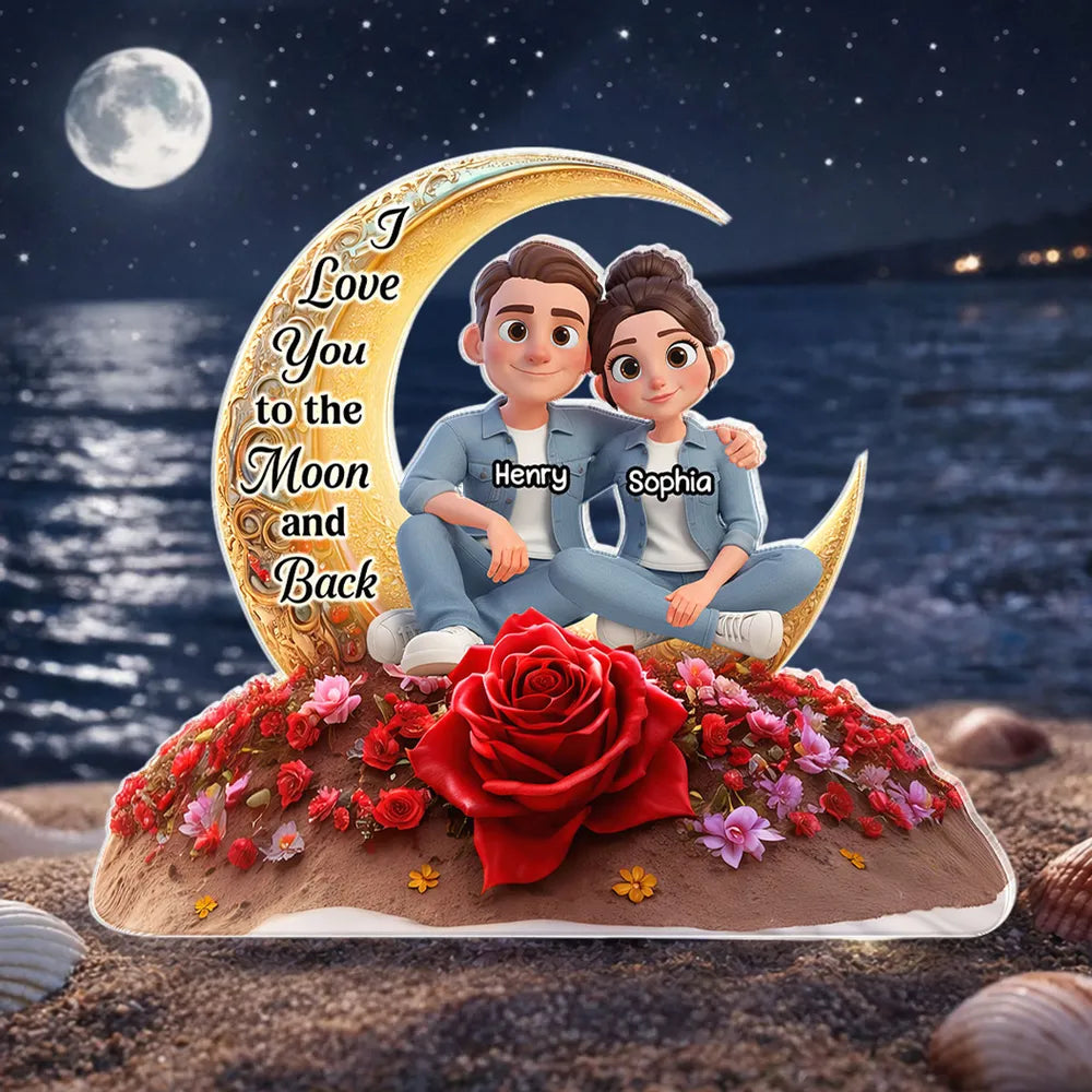 Personalized Couple Figurine with Moon and Rose - Romantic Gift for Loved Ones Plaque MagicInPrints