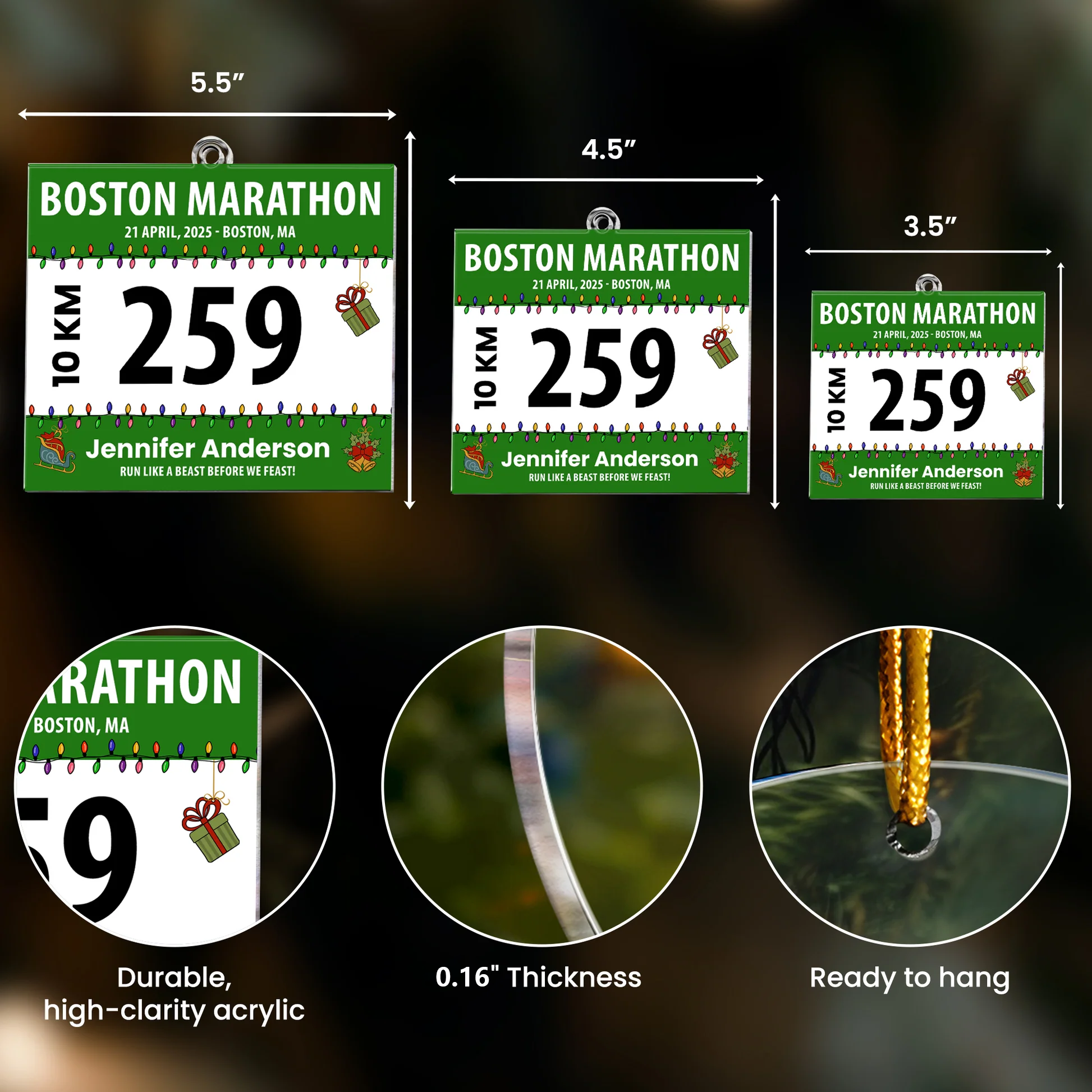 Custom Christmas Marathon Bib Ornament for Runners - Holiday Keepsake Ornament MagicInPrints