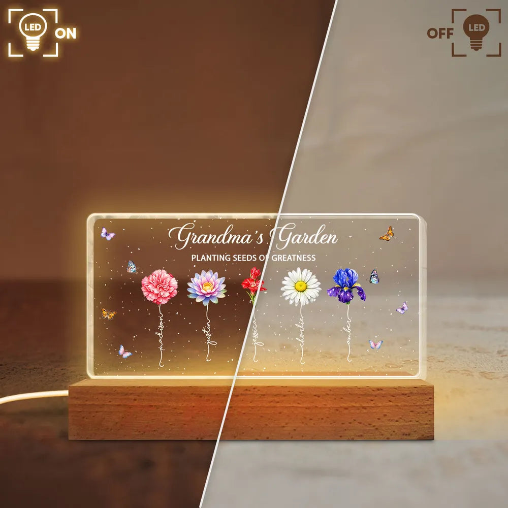 Personalized LED Acrylic Night Light for Grandma - Floral Garden Design Plaque MagicInPrints