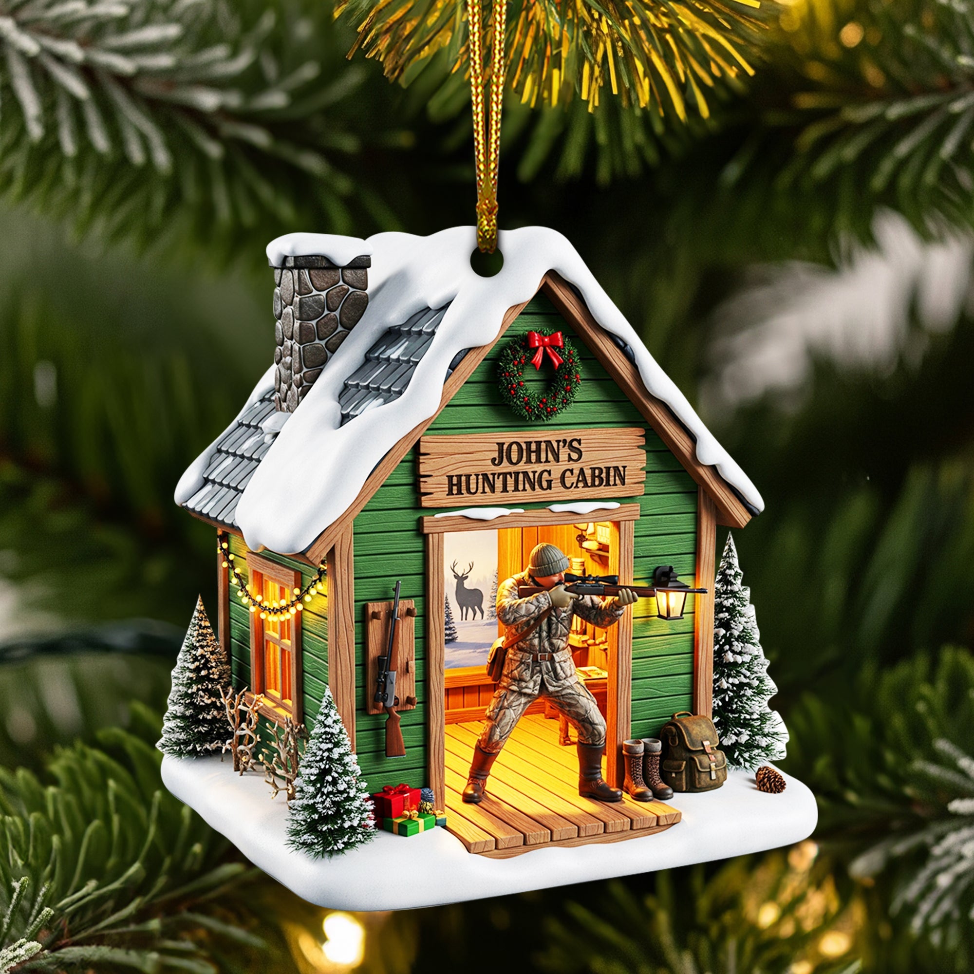 “Celebrate the Outdoors!” - Personalized Hunting Cabin Christmas Ornament - Perfect Gift for Hunters and Outdoor Enthusiasts Ornament MagicInPrints