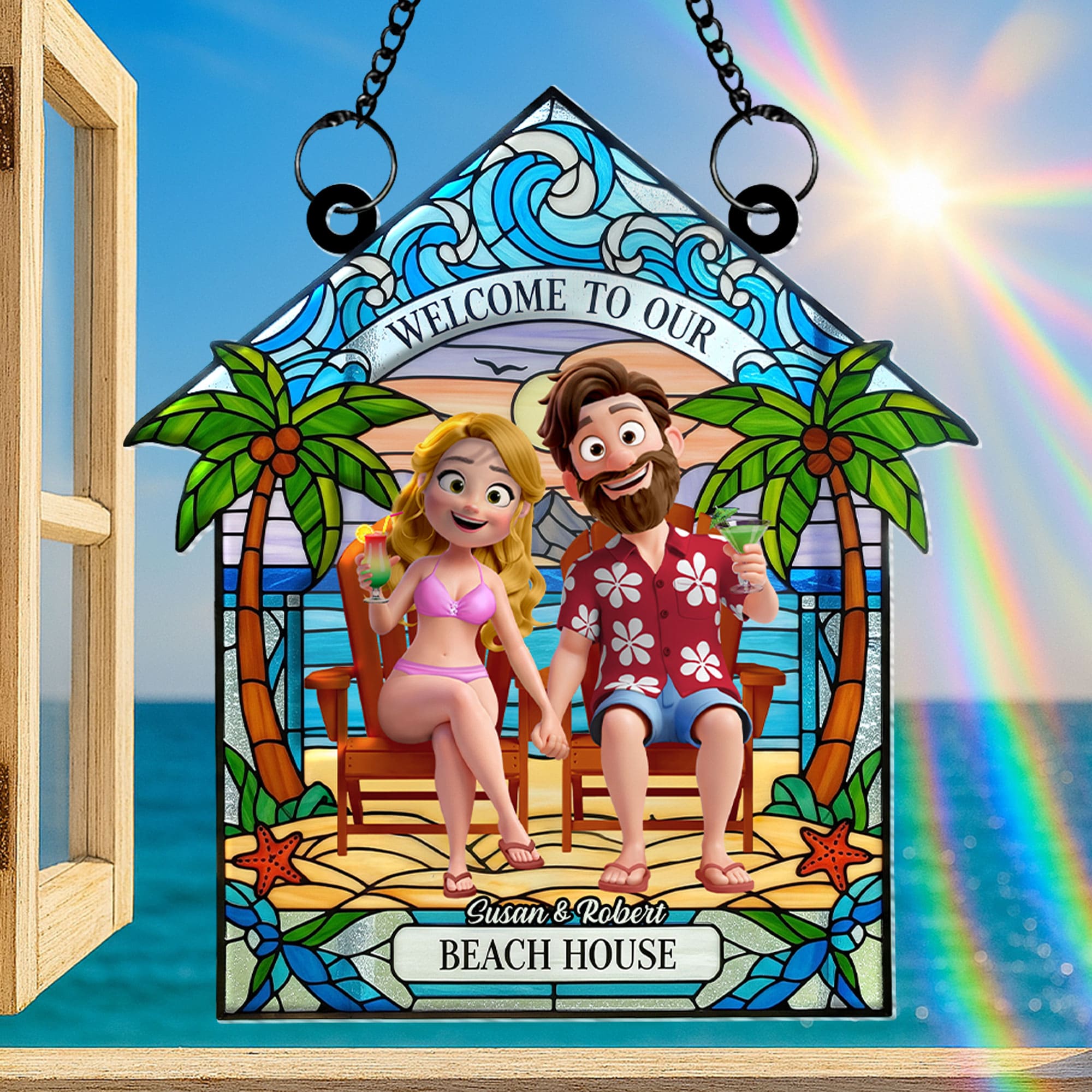 “Celebrate Your Love at the Beach” - Personalized Beach Couple Suncatcher Ornament – Unique Gift for Couples and Beach Lovers Ornament MagicInPrints