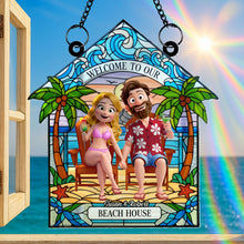 Load image into Gallery viewer, “Celebrate Your Love at the Beach” - Personalized Beach Couple Suncatcher Ornament – Unique Gift for Couples and Beach Lovers Ornament MagicInPrints
