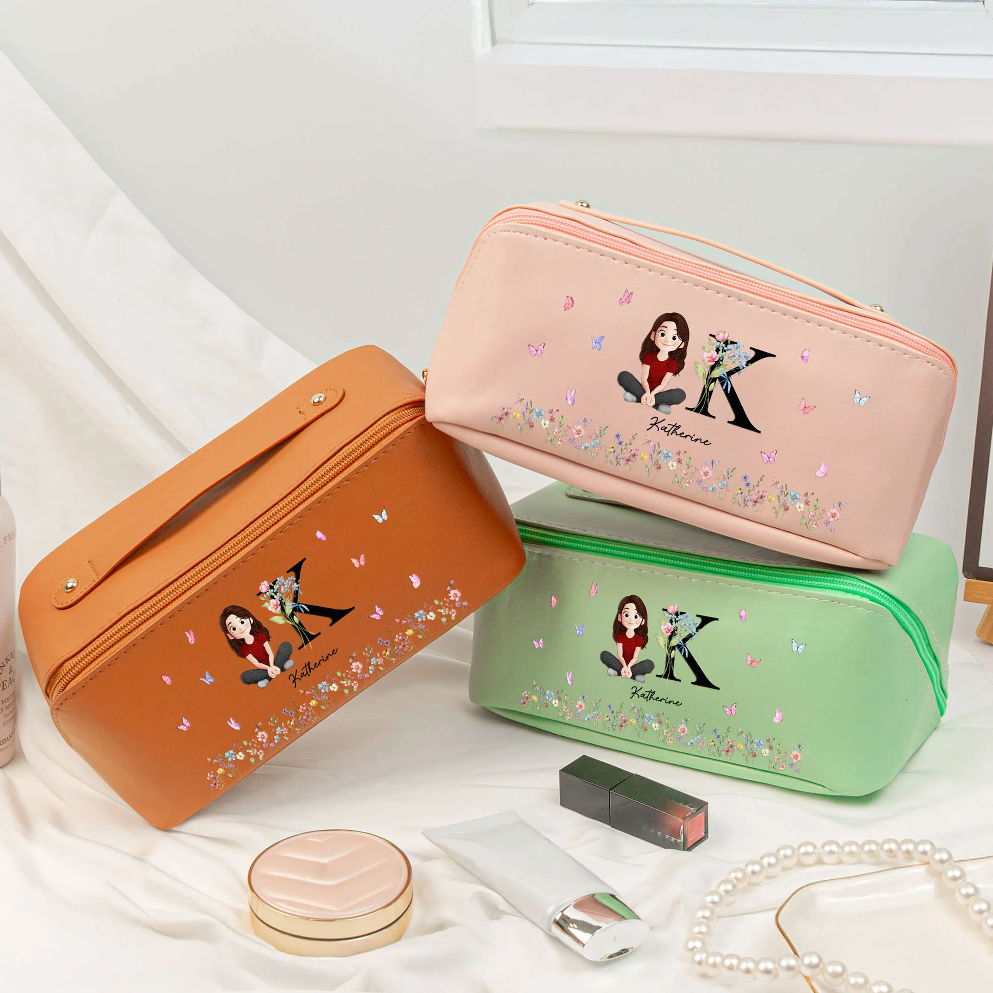 Personalized Makeup Bag for Women with Initial and Cartoon Design - Perfect Gift Bag MagicInPrints