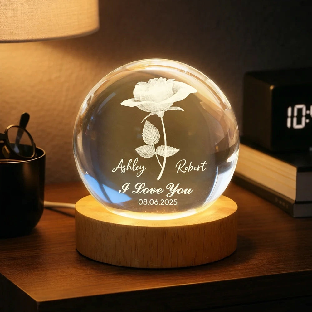 Personalized LED Crystal Ball Lamp for Couples with Rose Design - Anniversary Gift Lamp MagicInPrints